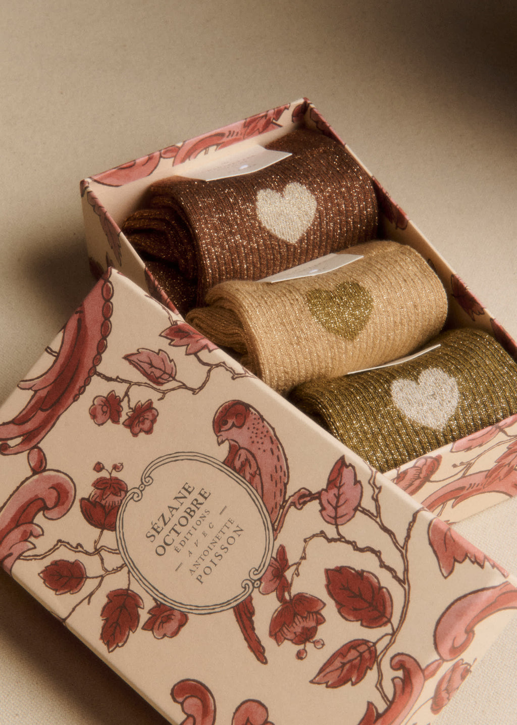 Coffret de 3 chaussettes lurex coeur - Brun Kaki Doré