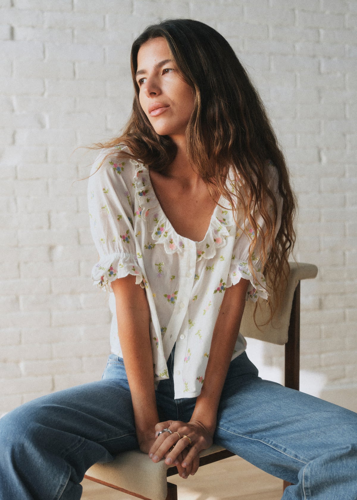 Chemise Kerinne - Broderie Contrastée Romance Rose Fond Écru