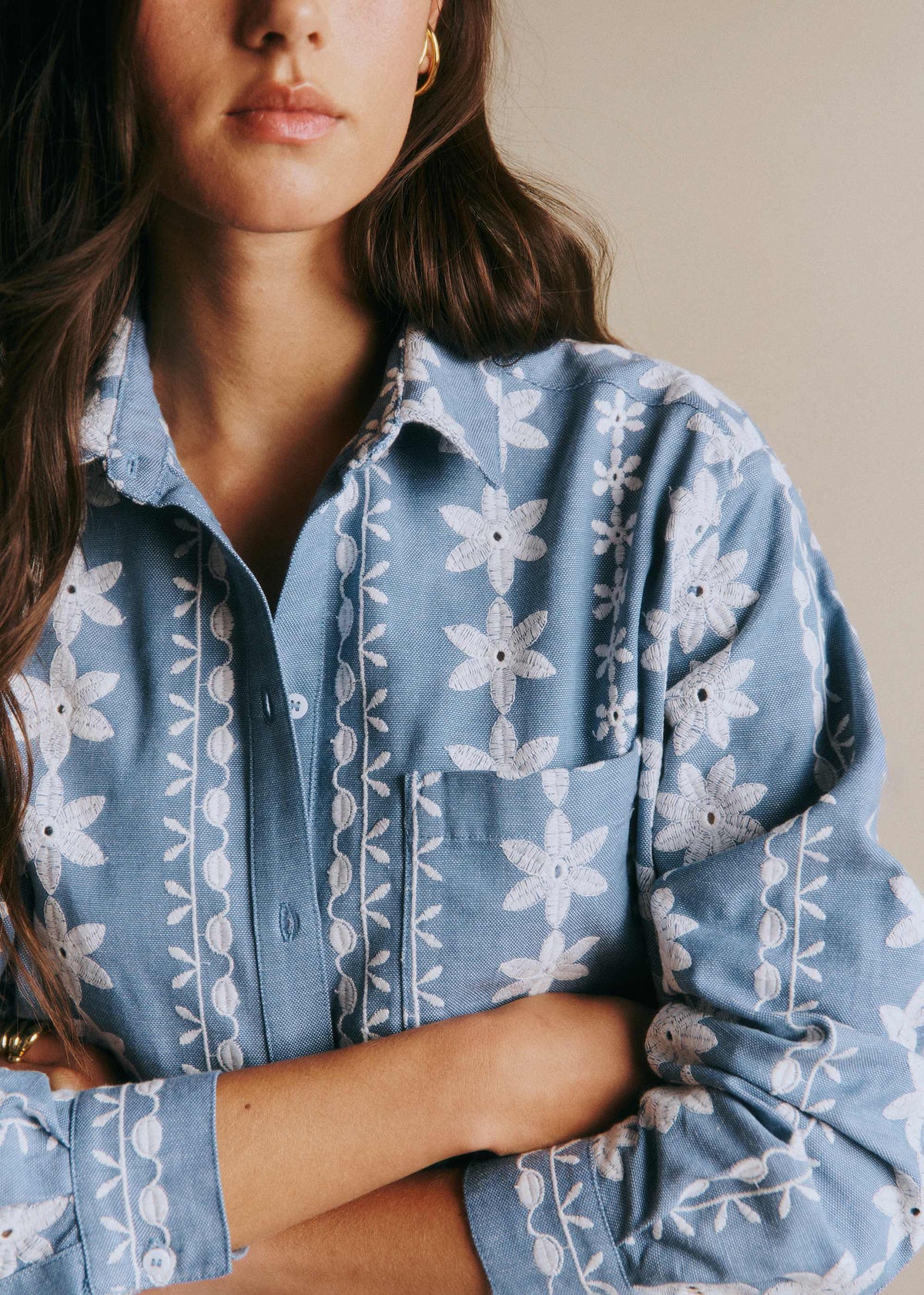 Chemise Max - Frise Fleurs Écru Fond Bleu