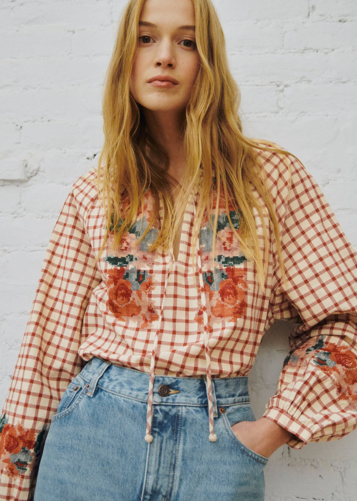 Blouse Aquila - Sézane x SEA NY - Broderie Placée Terre Fond À Carreaux