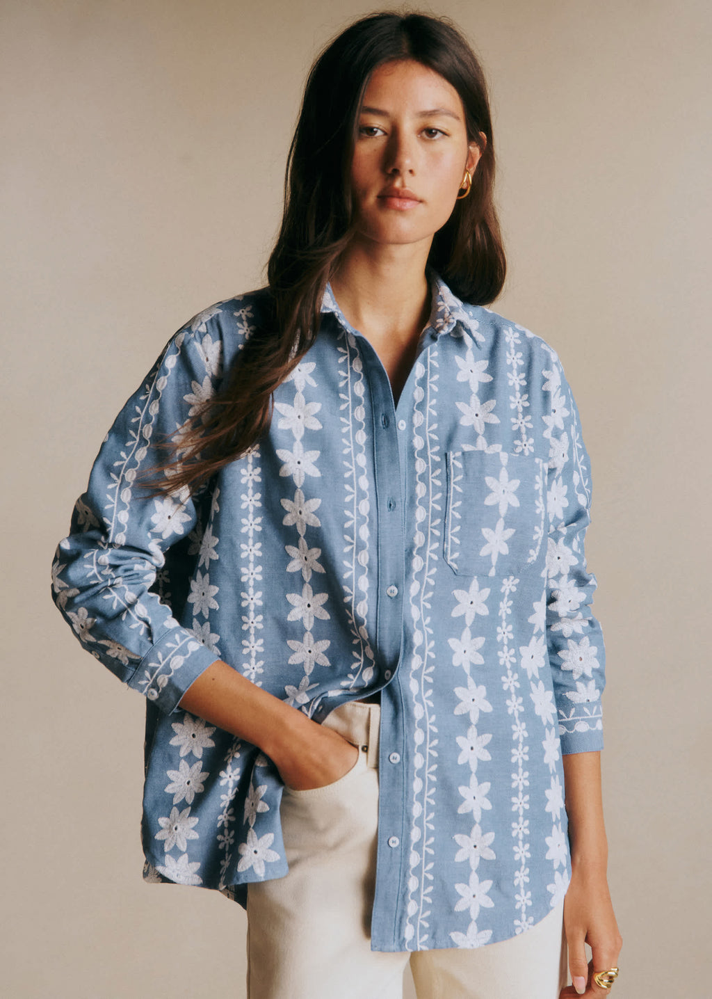 Chemise Max - Frise Fleurs Écru Fond Bleu