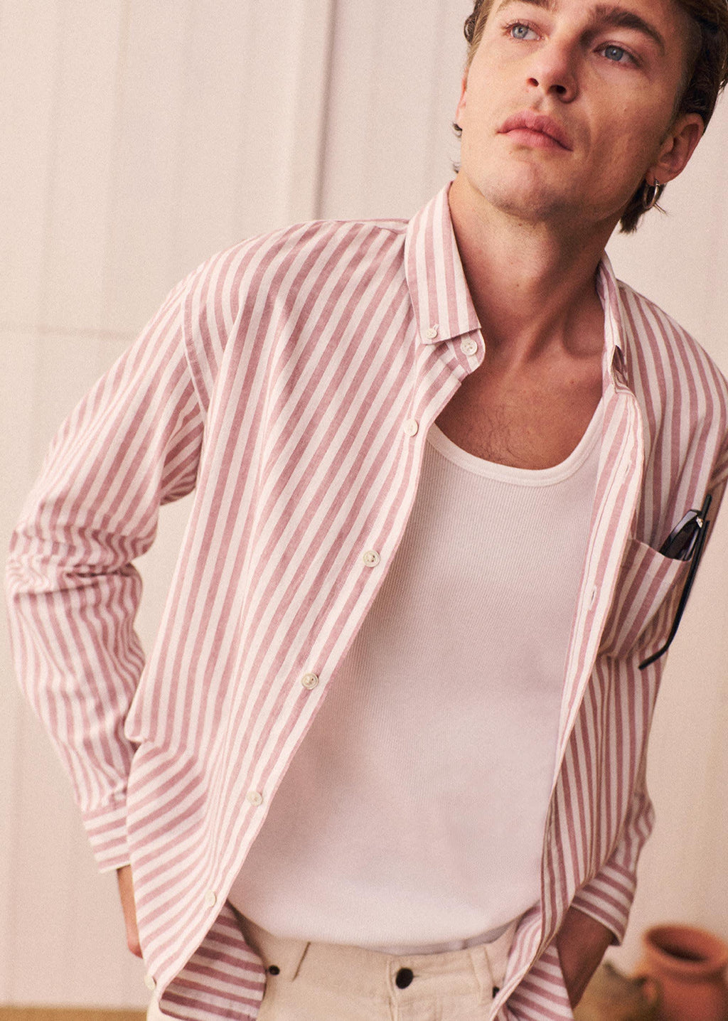 Chemise Charlie Coton Lin - Rayures Rose Ancien / Blanc