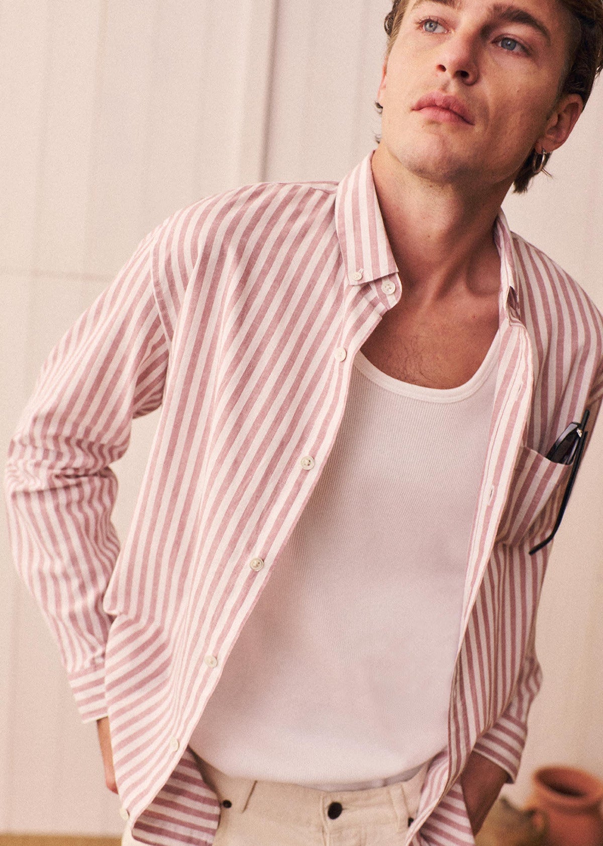 Chemise Charlie Coton Lin - Rayures Rose Ancien / Blanc