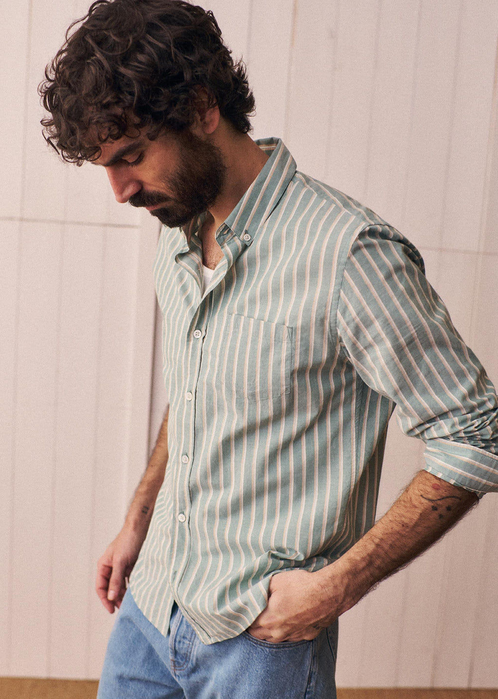 Chemise Charlie - Vert Rayures Beige / Blanc