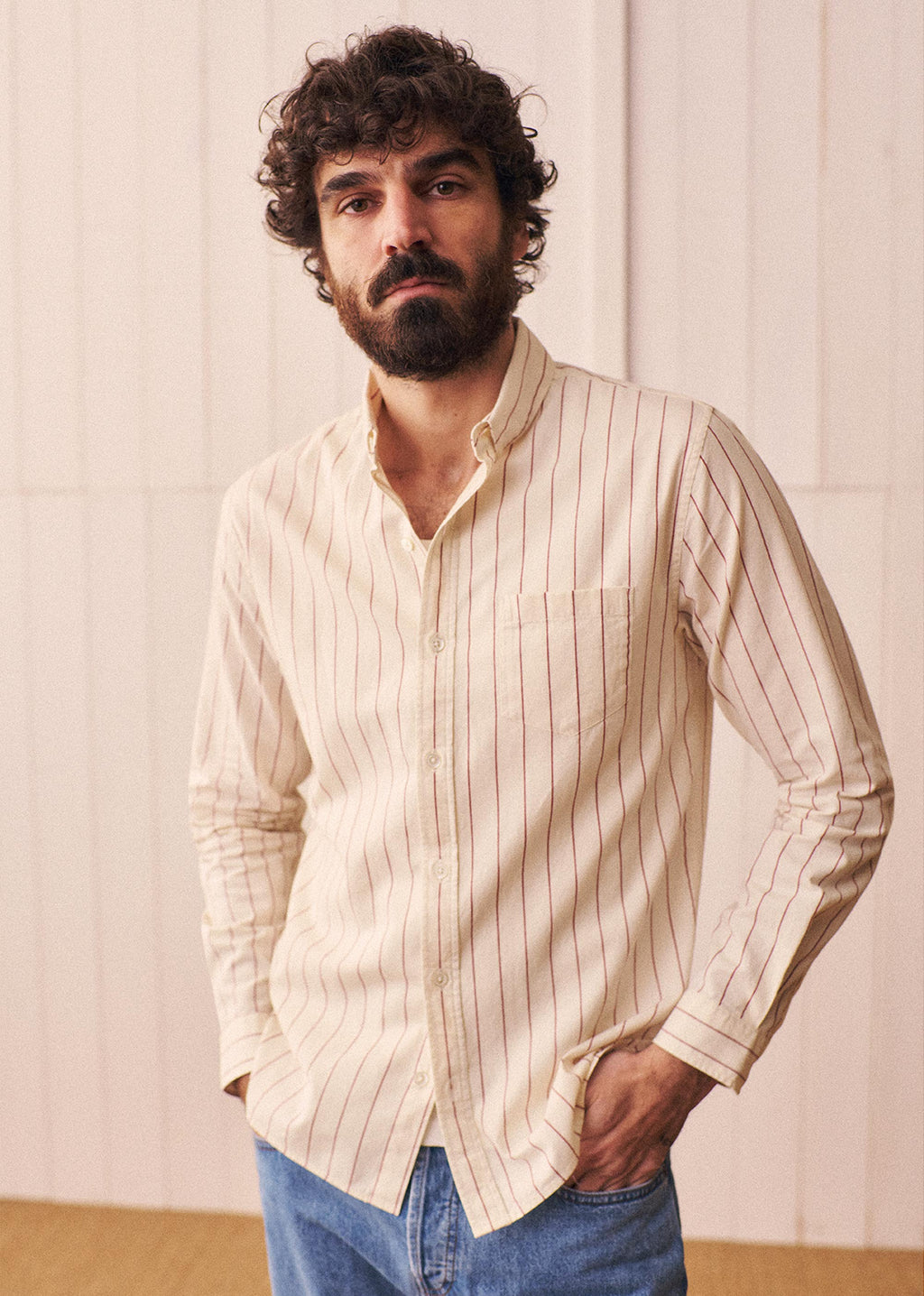 Chemise Charlie Coton Lin - Écru Rayures Fines Rouges