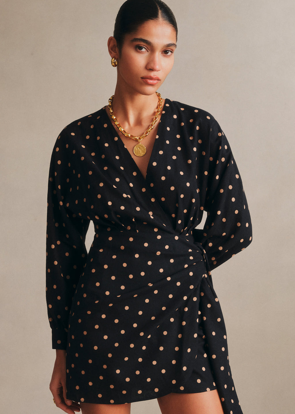 Robe ALICE - Imprimé Pois Beige Fond Noir