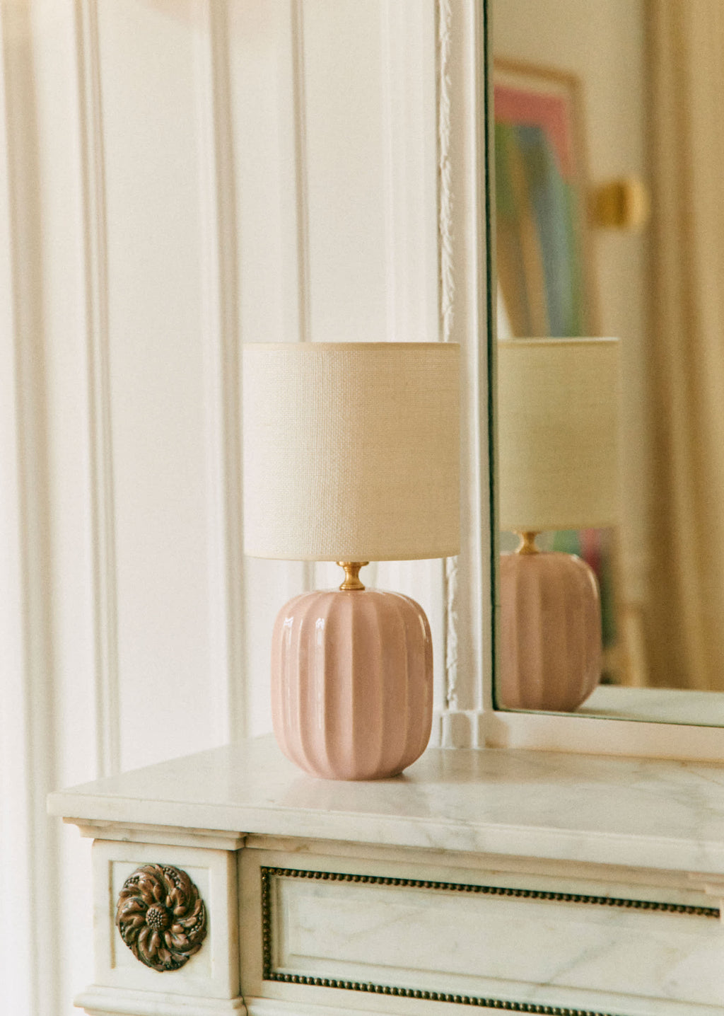 Lampe Traviata petit modèle - Rose - Abat-jour Dolce - Jute Écru
