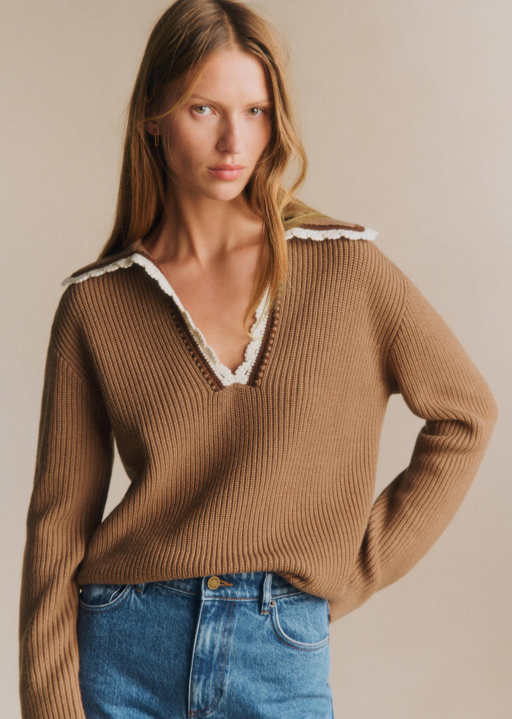 Pull Ivane - Camel Détails Ecru