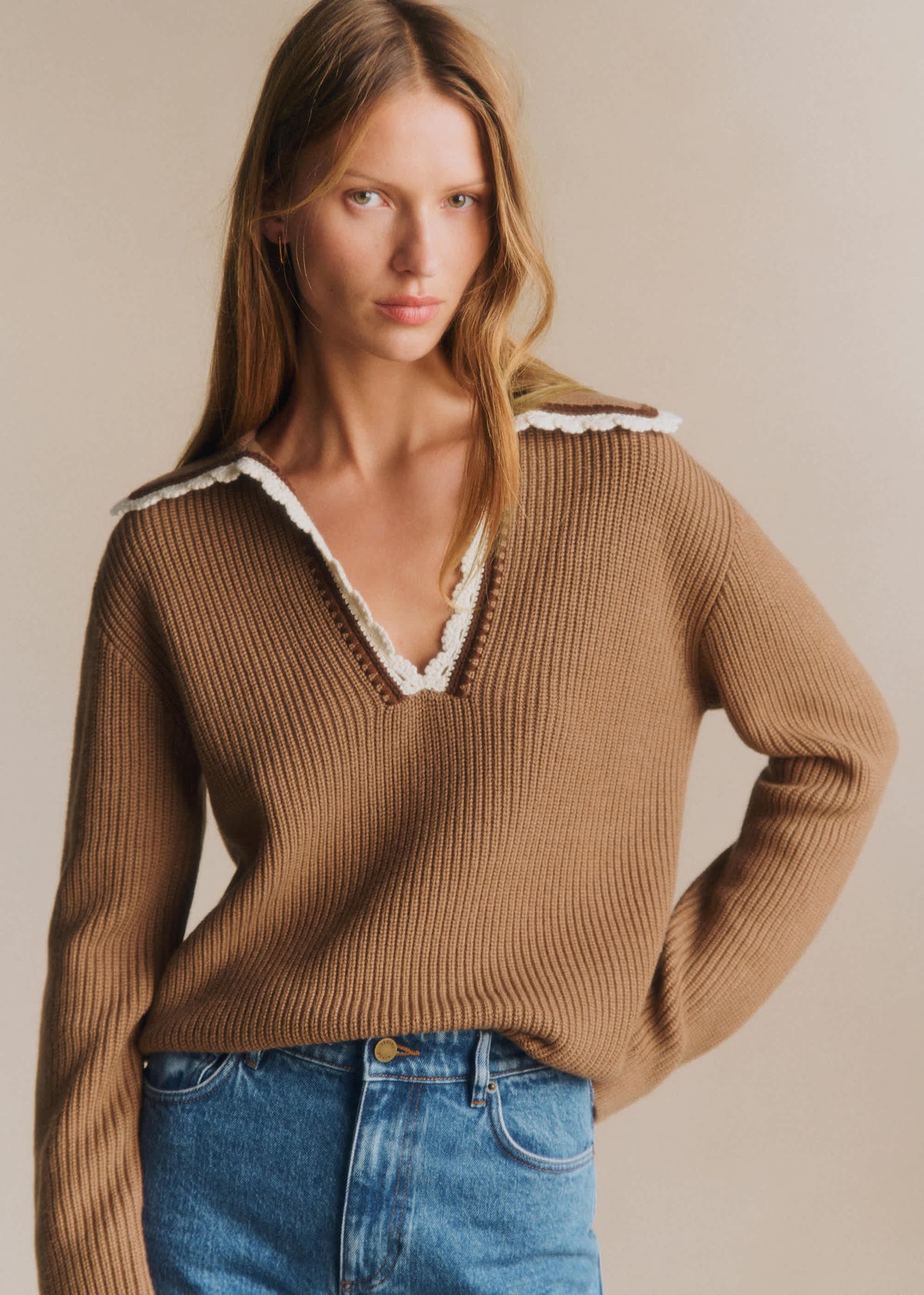 Pull Ivane - Camel Détails Ecru