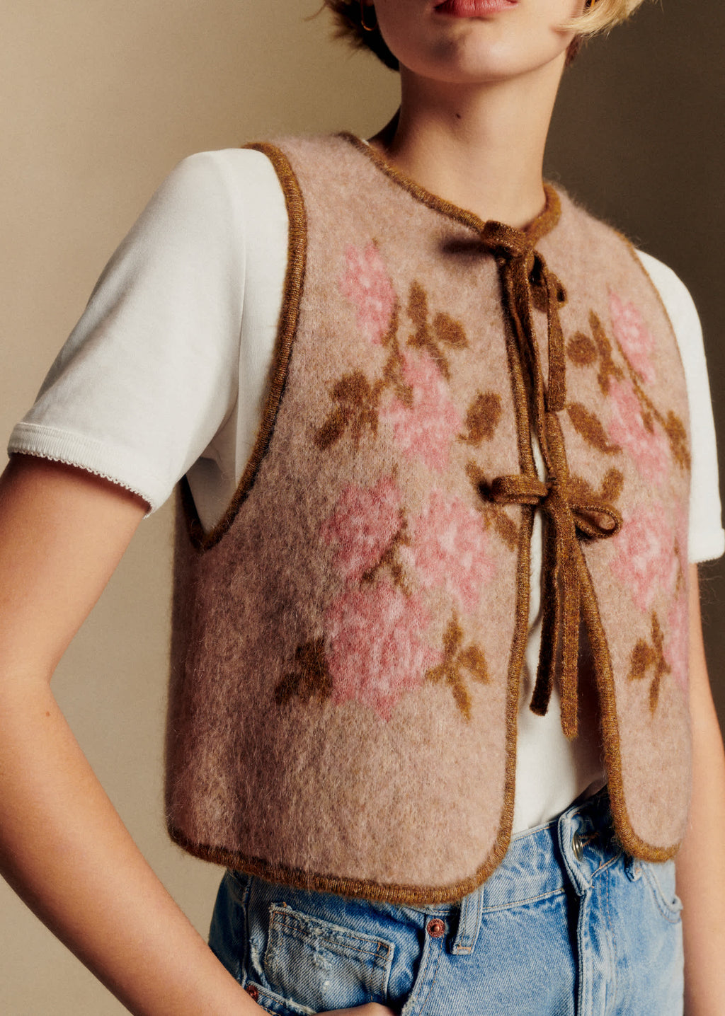 Gilet Pepy - Beige Chiné Jacquard Floral