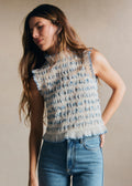 Blouse Samona - Broderie Contrastée Bleu Fond Ecru