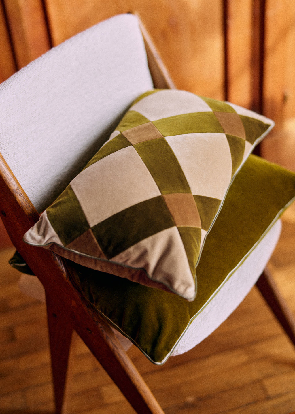 Coussin Velours Patchwork - Petit modèle - Beige et Kaki