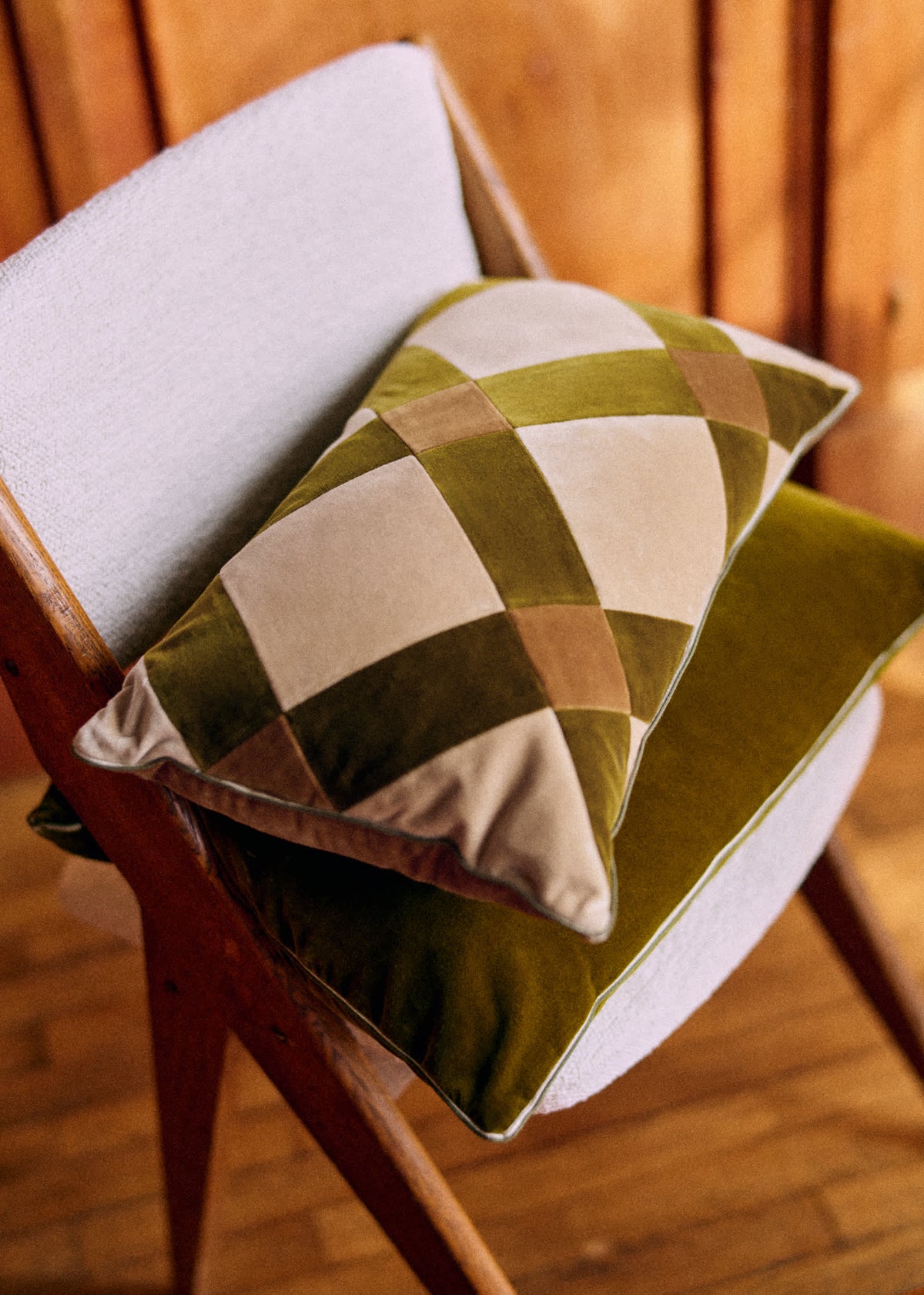 Coussin Velours Patchwork - Petit modèle - Beige et Kaki