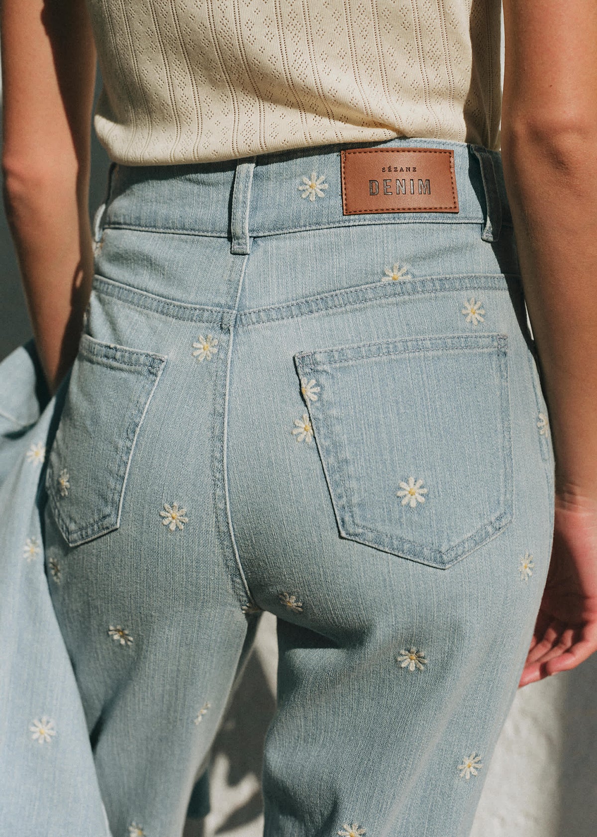 Pantalon Le New 70's - Broderie Écru Fond Bleach