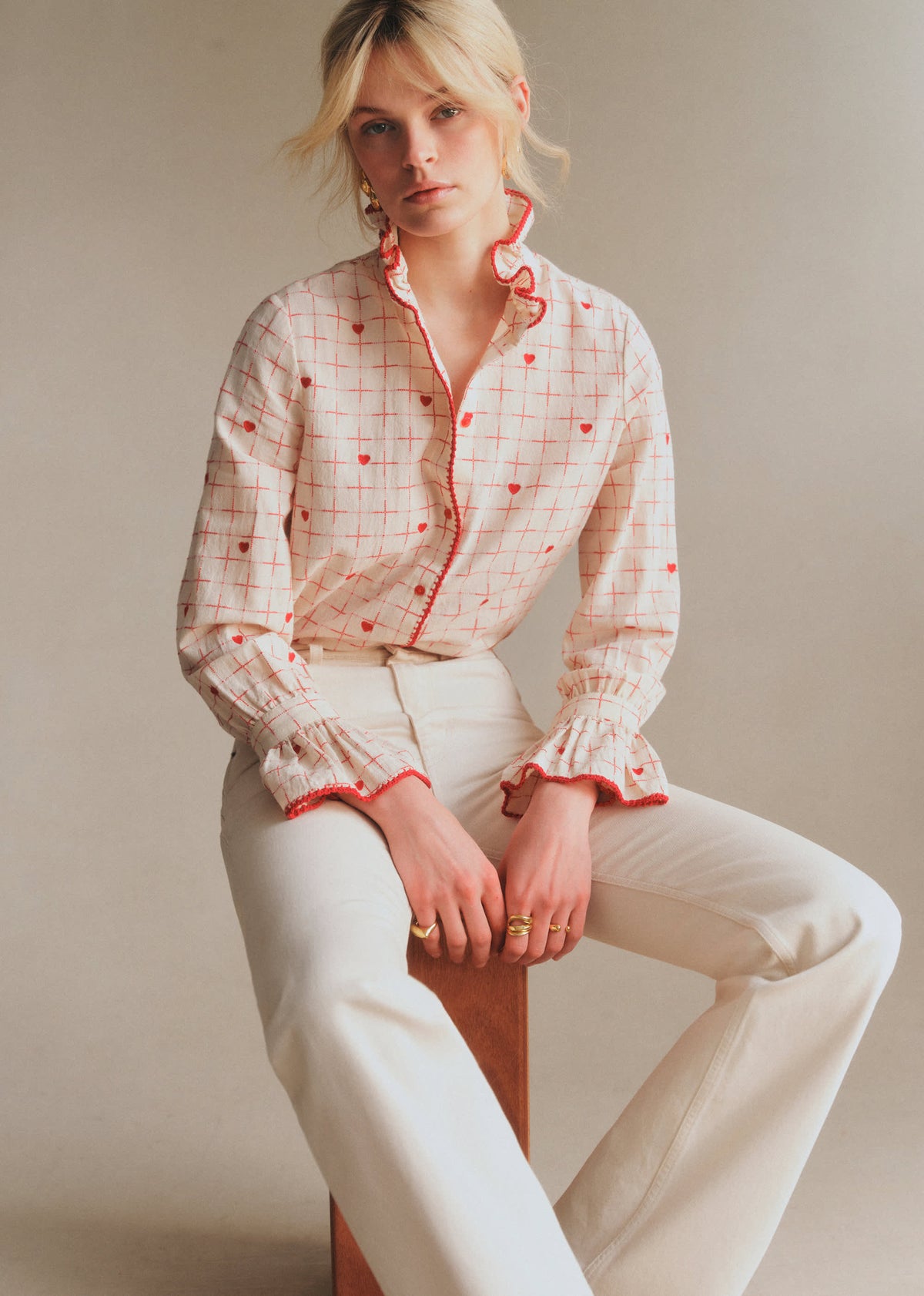 Chemise Lise - Carreaux Et Coeur Rouge Fond Ecru