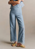 Pantalon Fausto - Broderie Contrastée Écru Fond Bleu Vintage