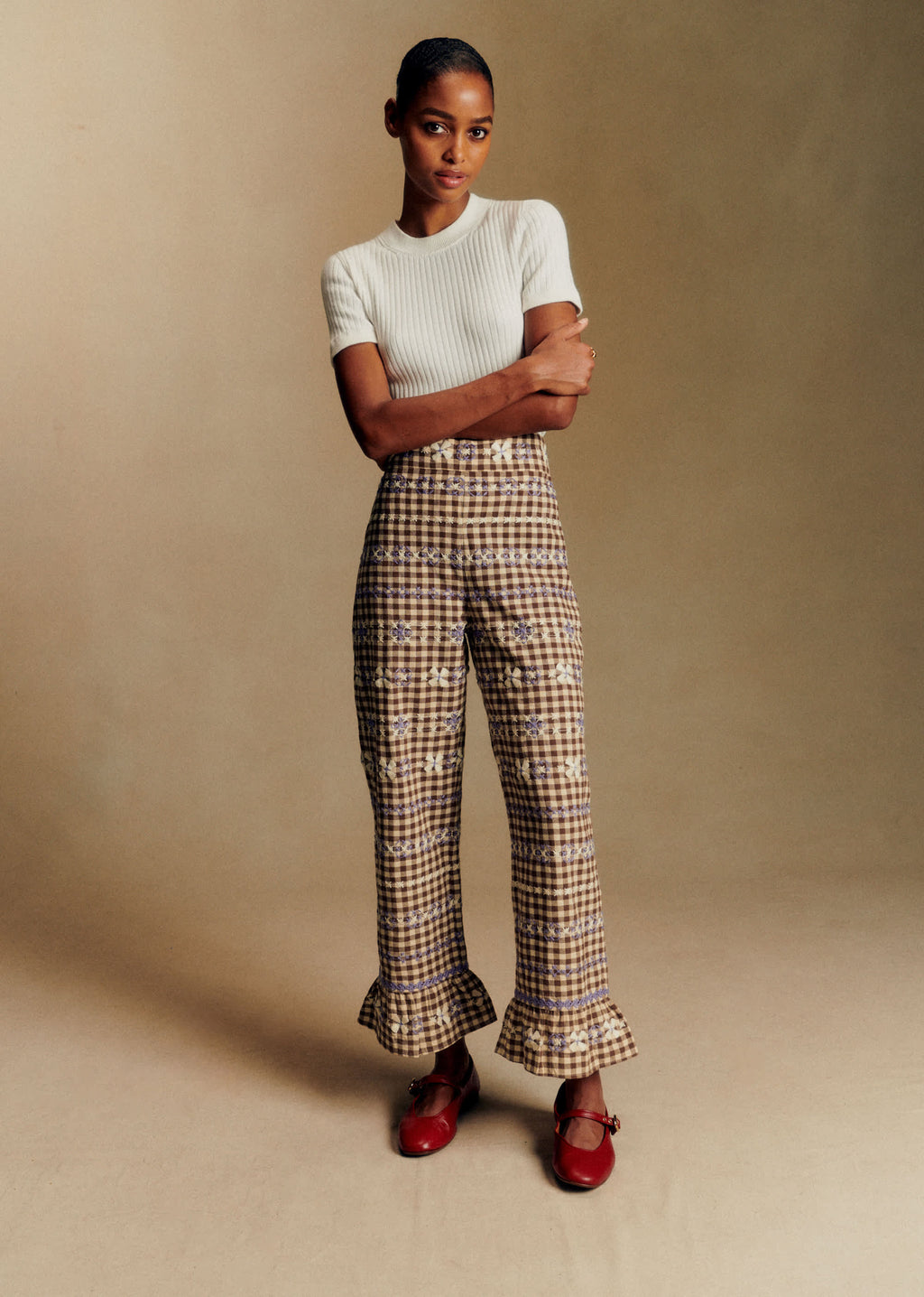 Pantalon Alexio - Vichy Marron Broderies Lila