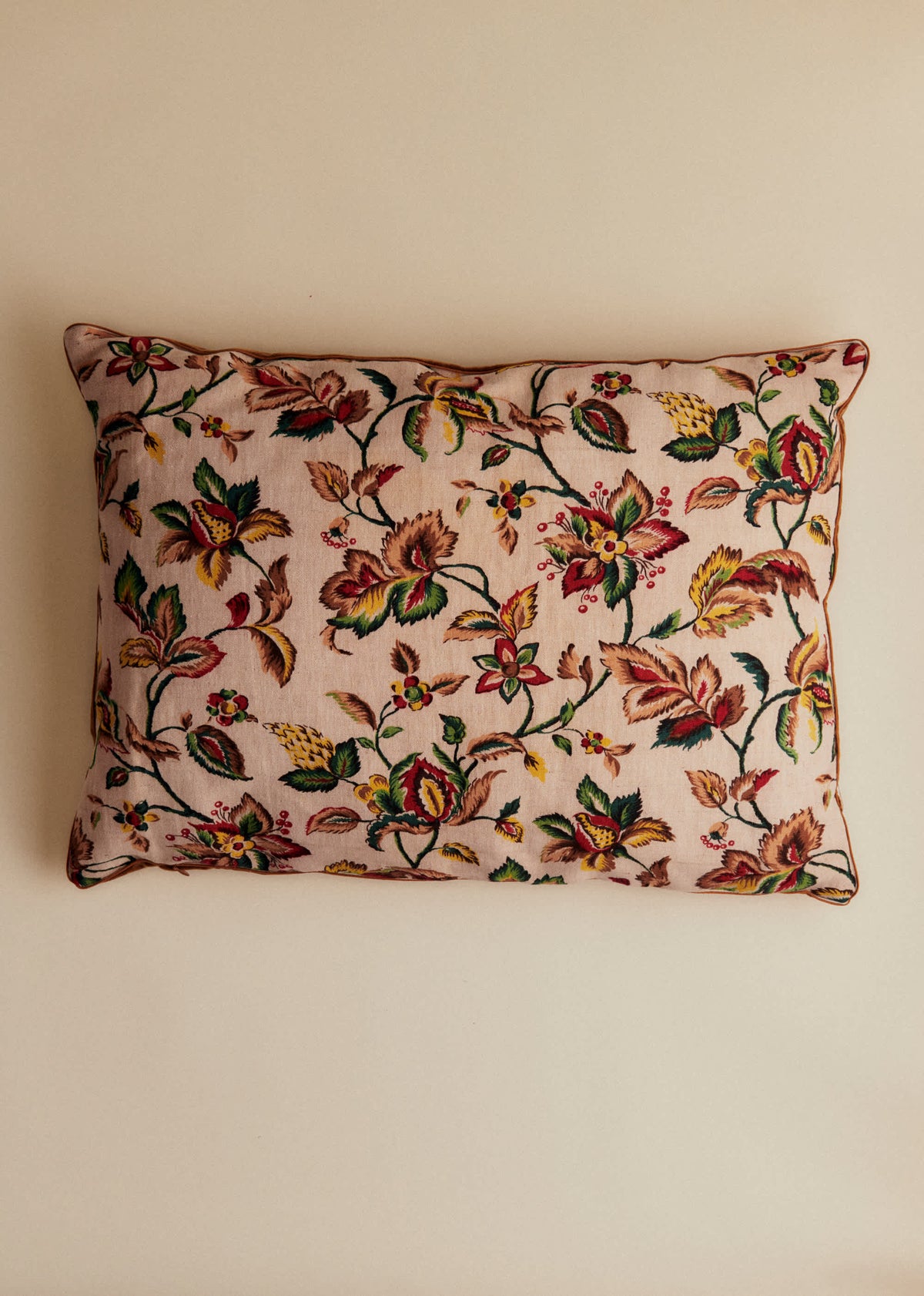 Coussin vintage velours caramel - Très grand modèle - Imprimé Feuillages d'Automne