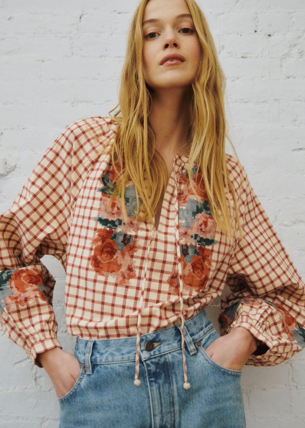 Blouse Aquila - Sézane x SEA NY - Broderie Placée Terre Fond À Carreaux