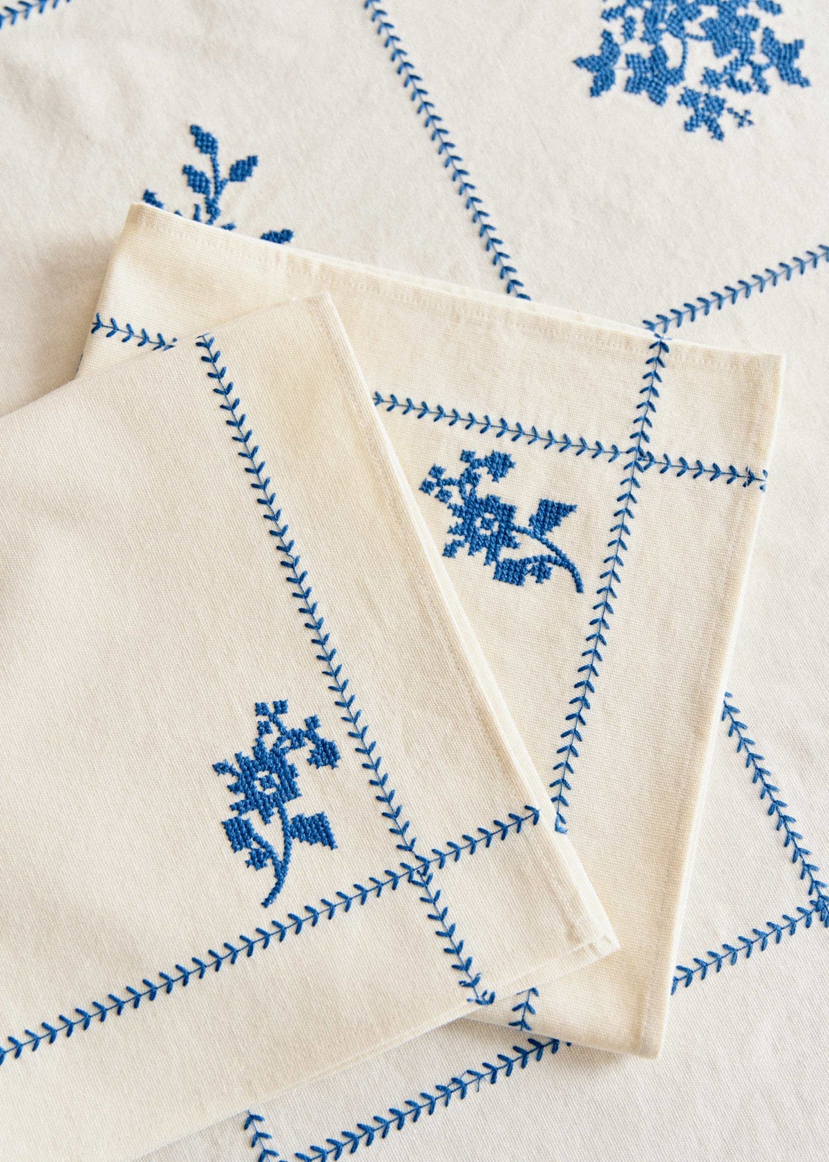 Set de 2 serviettes brodées - Broderie Bleu Fond Ecru