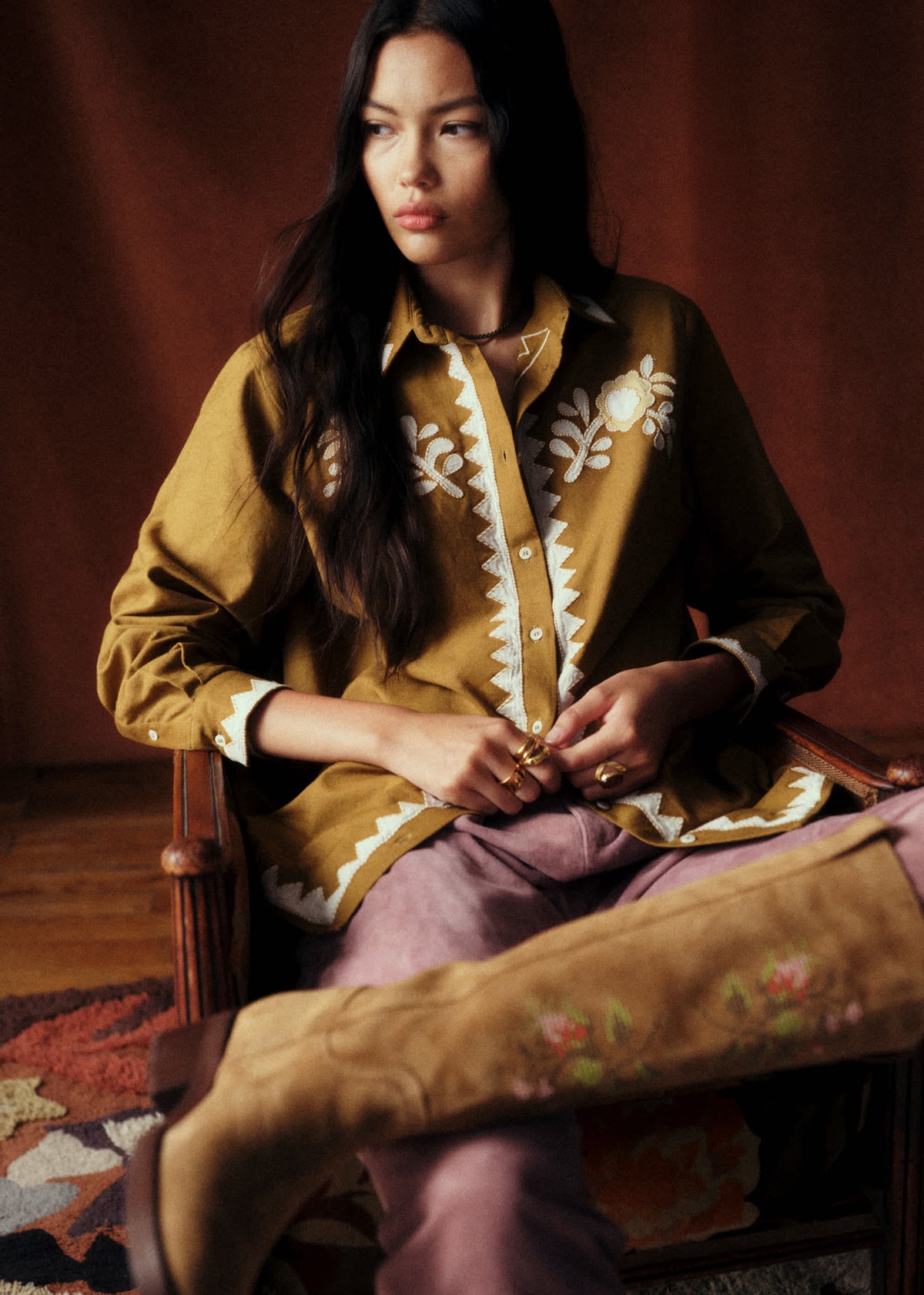 Chemise Jeanette - Sézane x Baziszt - Géo Ecru Fond Mordoré