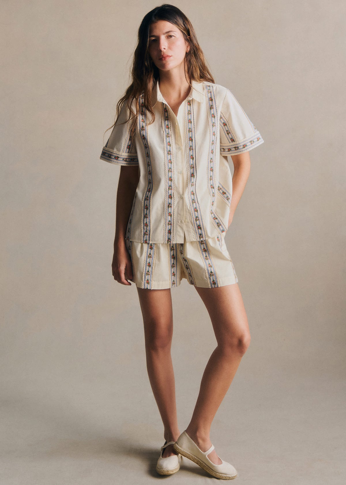 Short Nicolo - Broderie Placée Ecru Détails Rayures Bleu