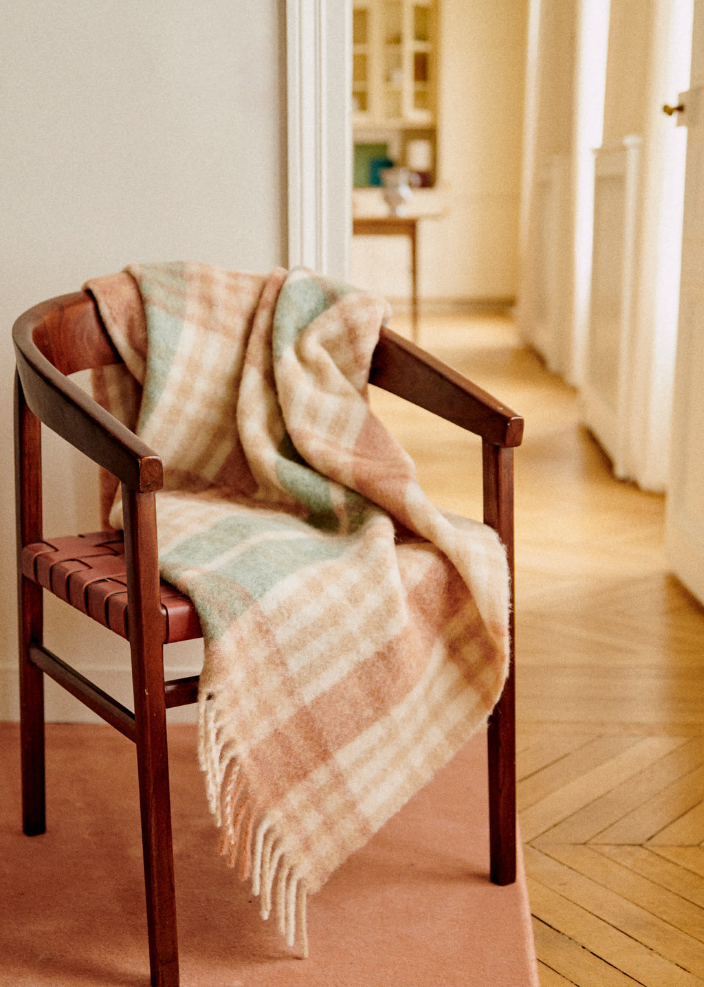 Plaid en mohair - Quadrillage sauge et caramel