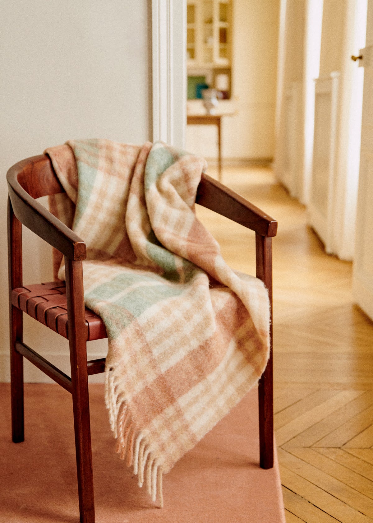 Plaid en mohair - Quadrillage sauge et caramel