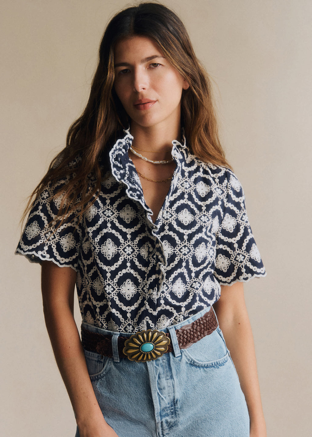 Chemise Dalhia - Fond Marine Broderie Ecru