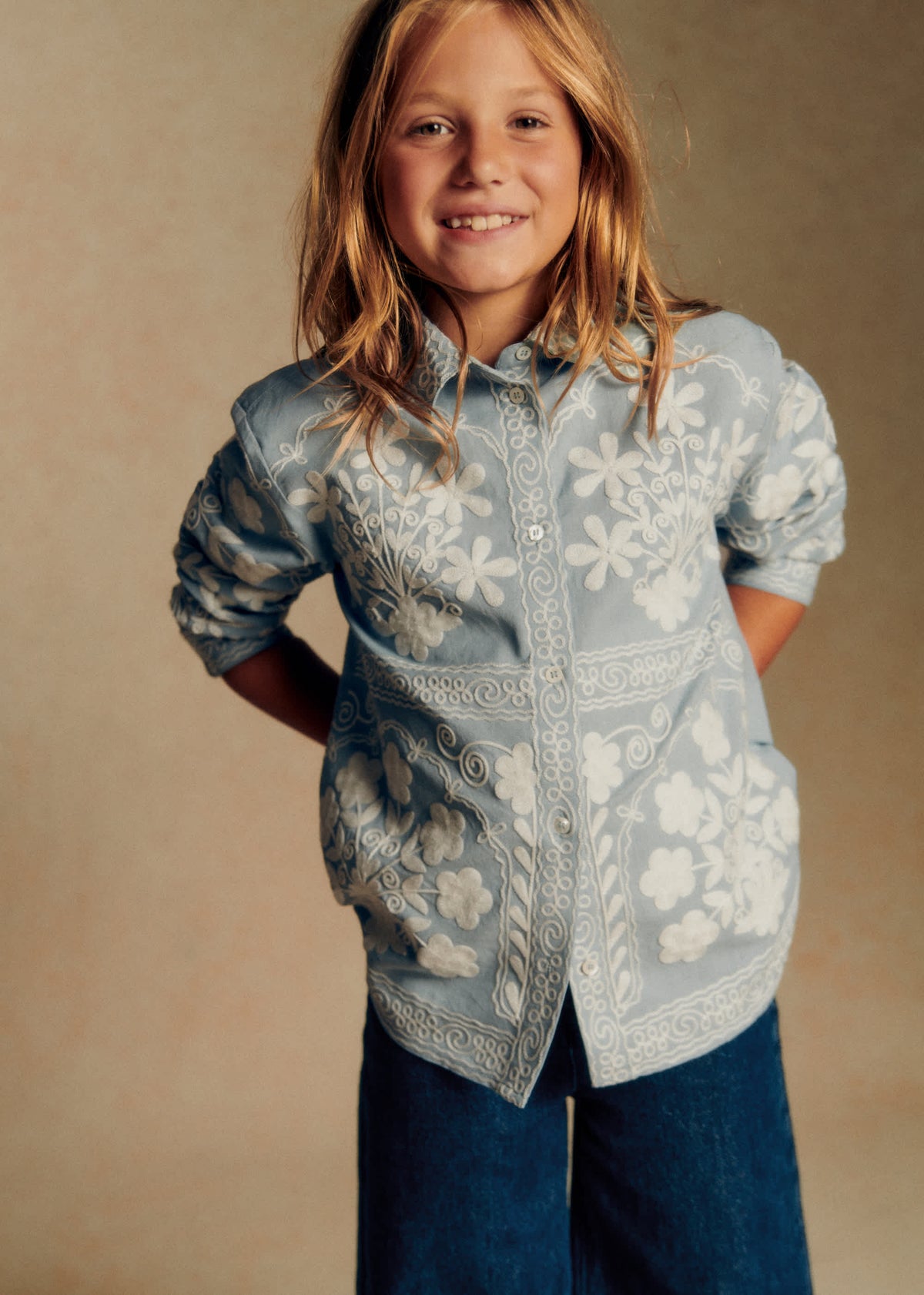 Chemise Maxine - Petit Sézane x Baziszt - Broderie Folk Ecru Fond Bleu