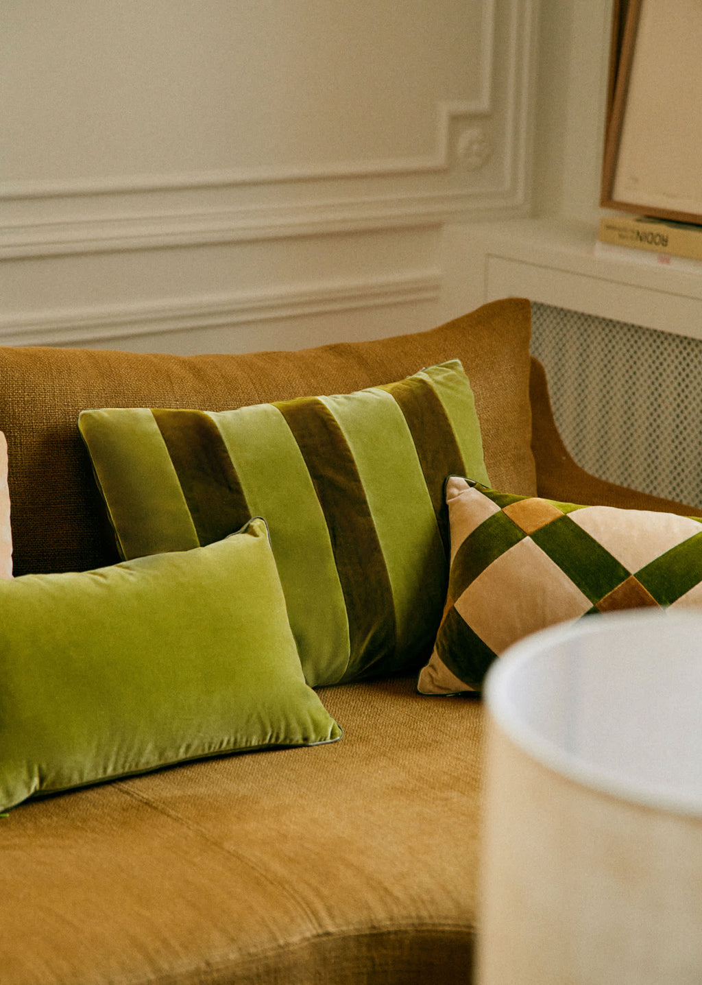 Coussin Rayures Velours - Grand modèle - Vert et Kaki