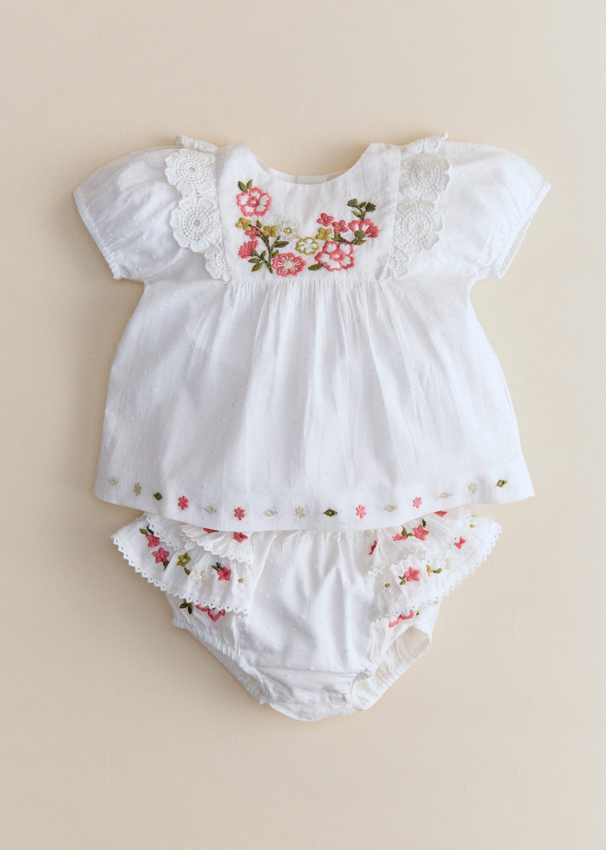 Bloomer Clélia - Broderie Contrastée Tricolore Fond Ecru