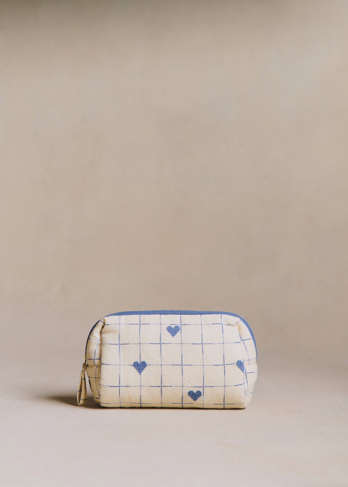 Trousse de beauté - Broderie Coeurs Bleu Vintage