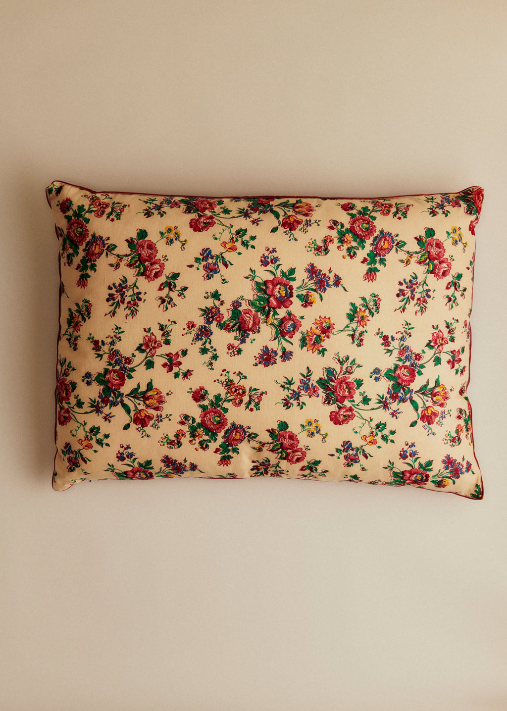 Coussin vintage velours bordeaux - Très grand modèle - Imprimé Champêtre