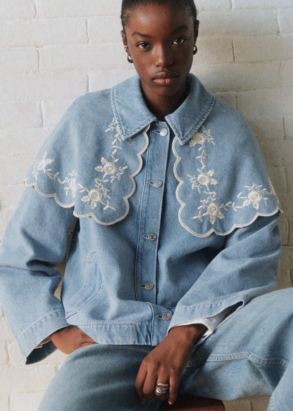 Veste Josephy - Sézane x SEA NY - Broderie Placée Crème Fond Bleu Denim