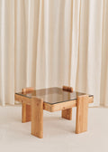 Table basse carrée vintage - Pin et verre fumé
