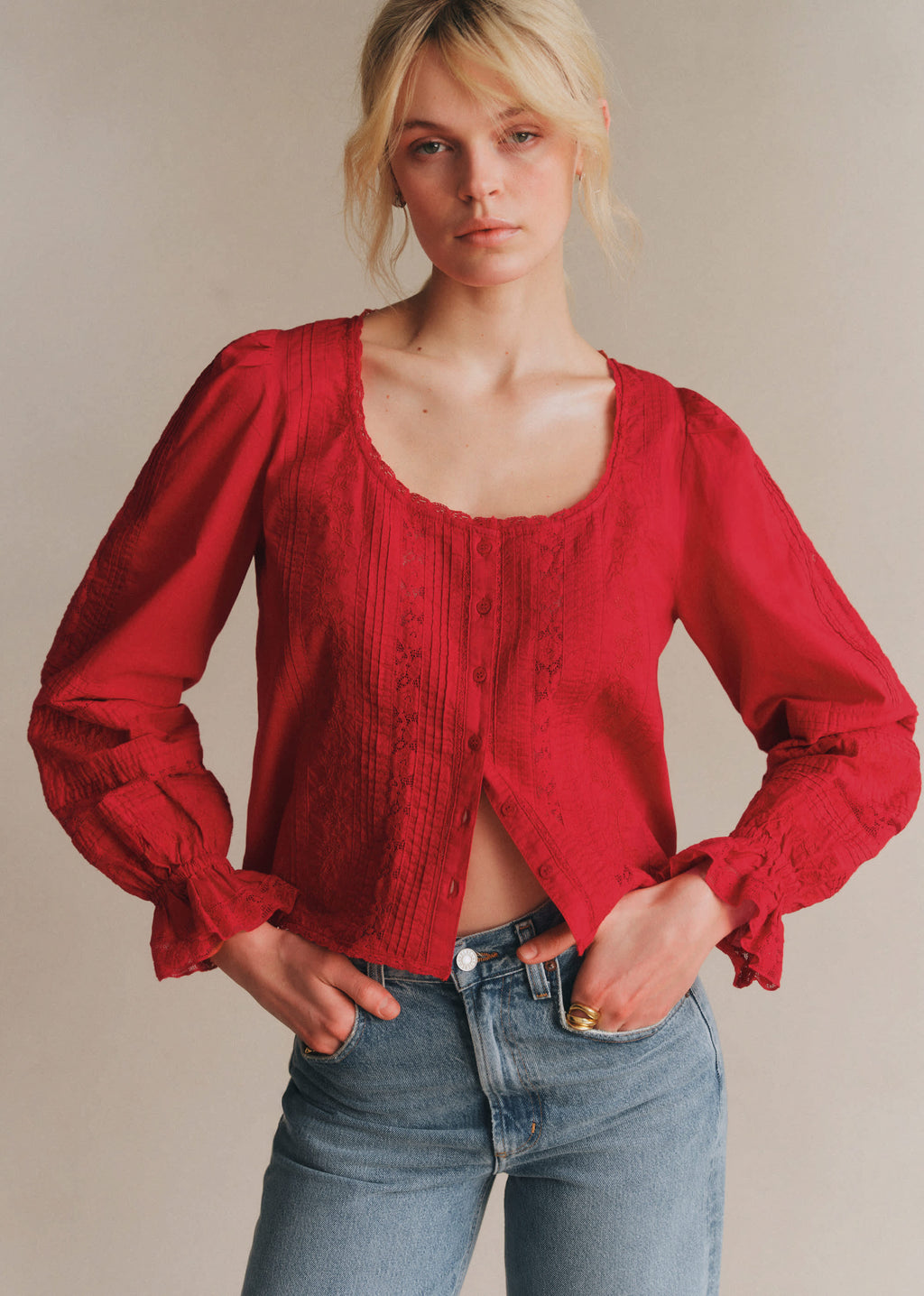 Chemise Tinia - Broderie Unie Rouge