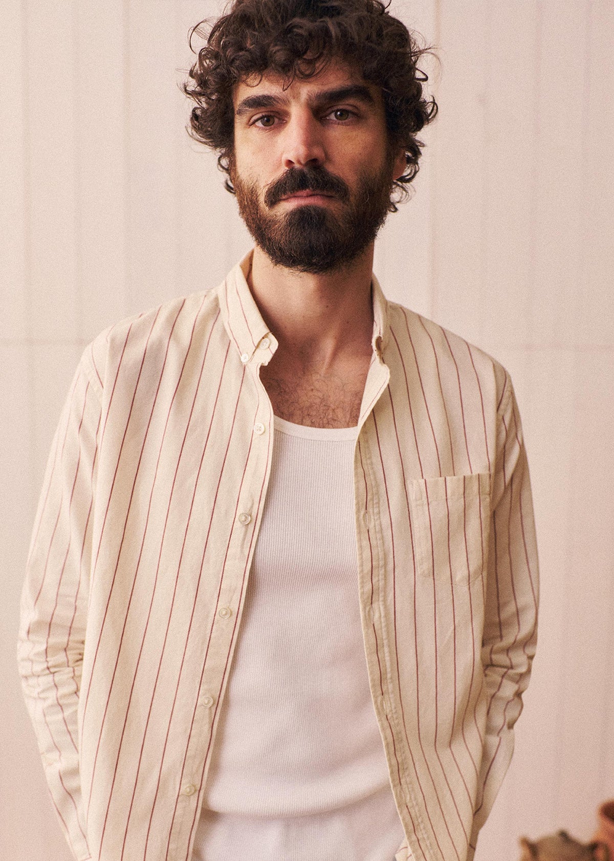 Chemise Charlie Coton Lin - Écru Rayures Fines Rouges