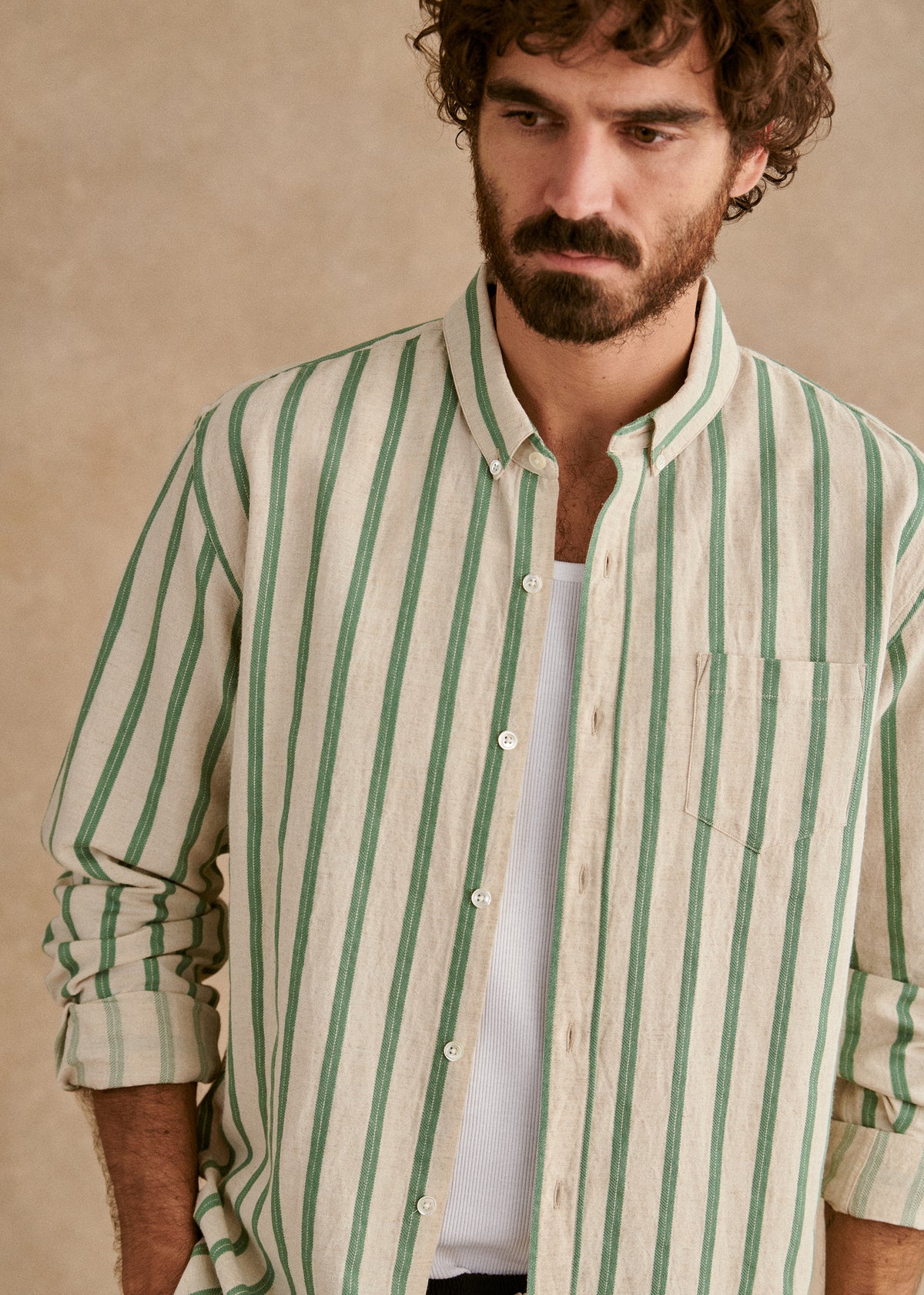 Chemise Charlie Coton Lin - Écru Rayures Vertes