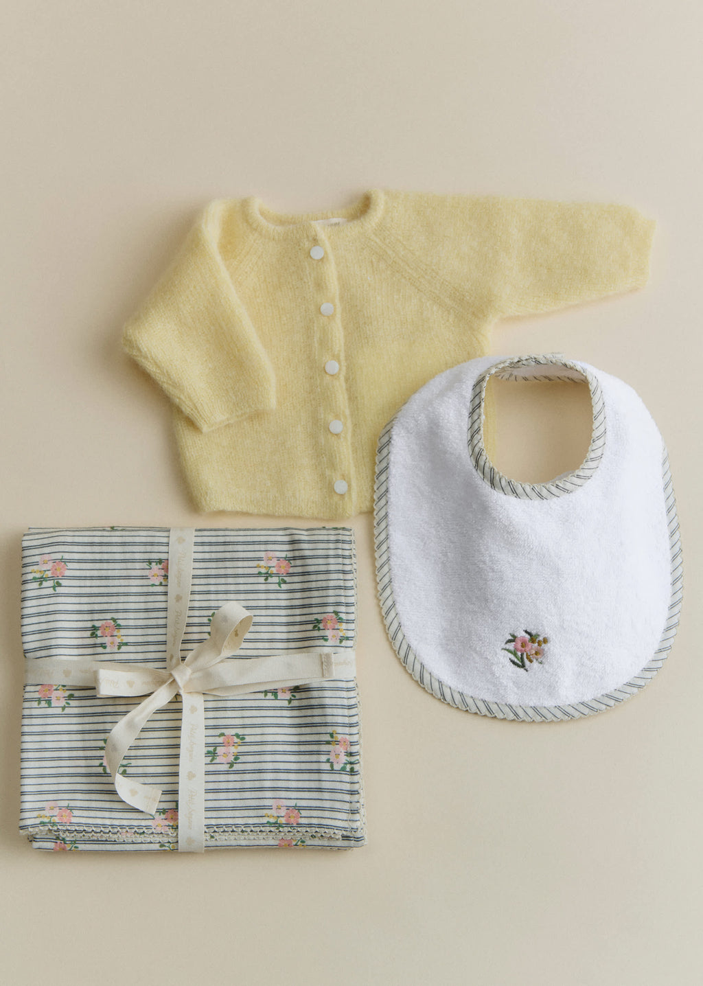 Bavoir Naissance - Rayures Broderie Fleurs