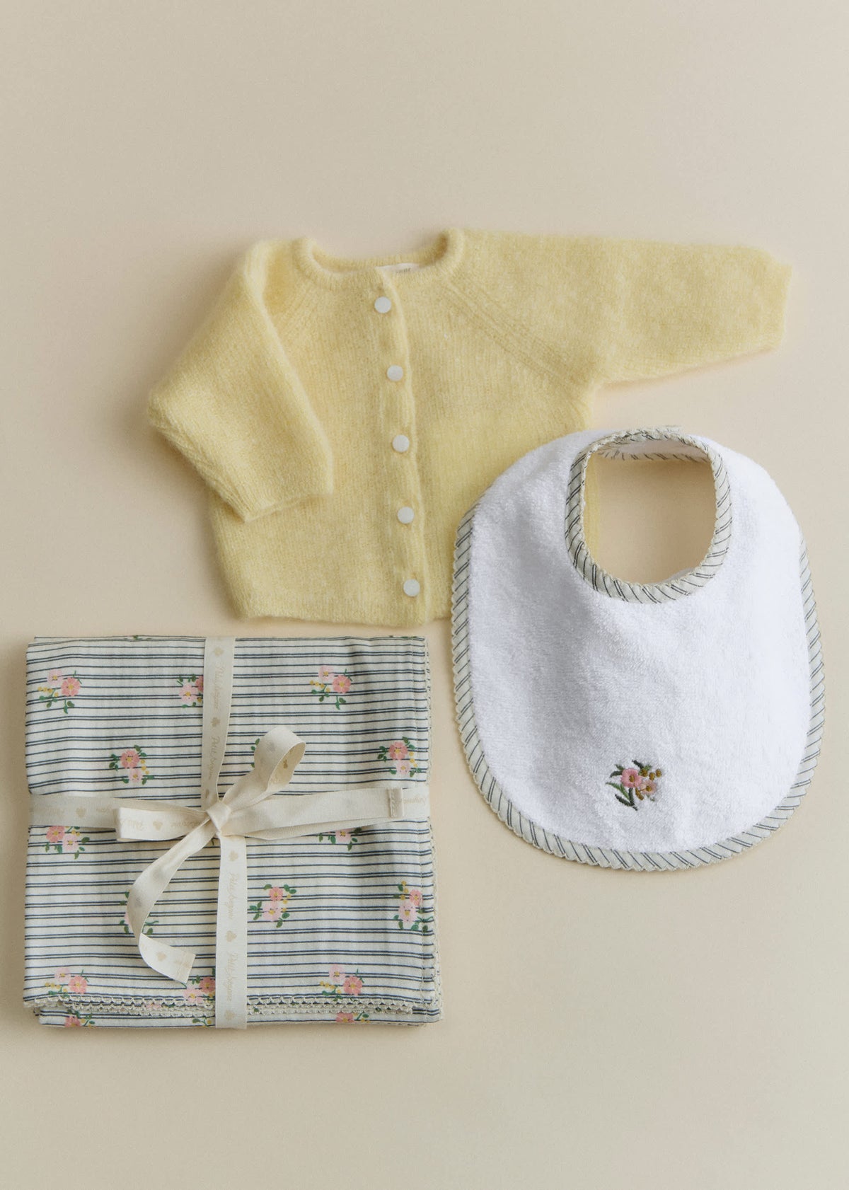 Bavoir Naissance - Rayures Broderie Fleurs