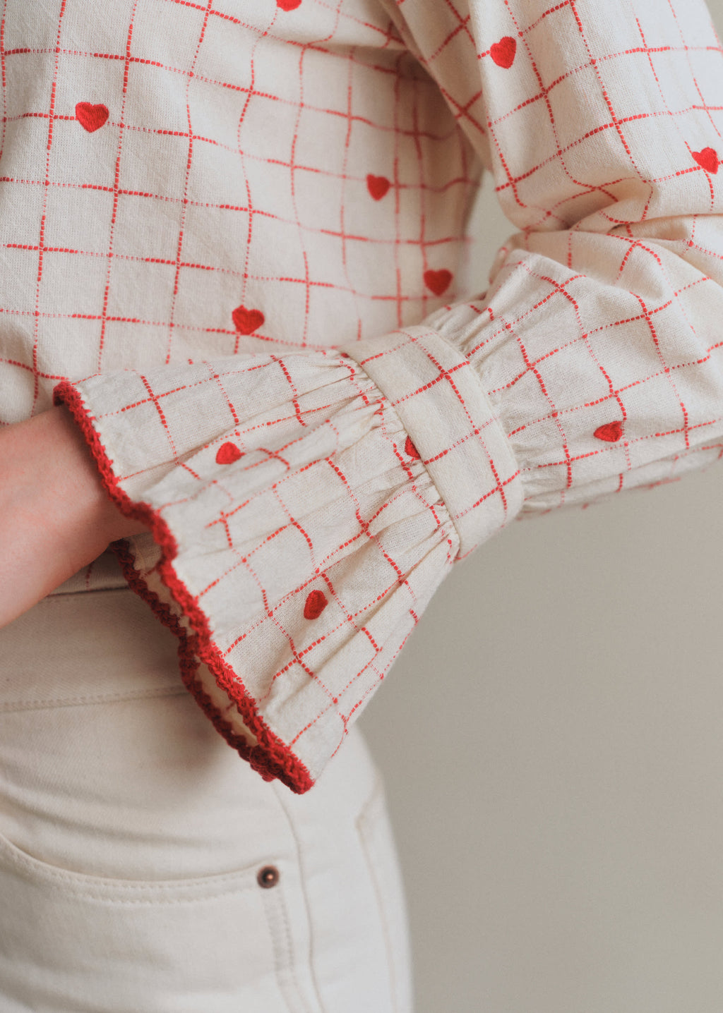 Chemise Lise - Carreaux Et Coeur Rouge Fond Ecru