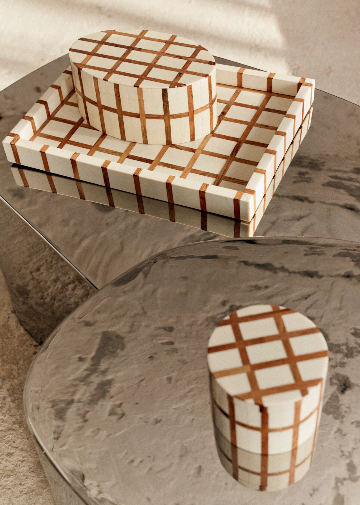 Plateau Rectangulaire - Quadrillage Ecru et Acacia