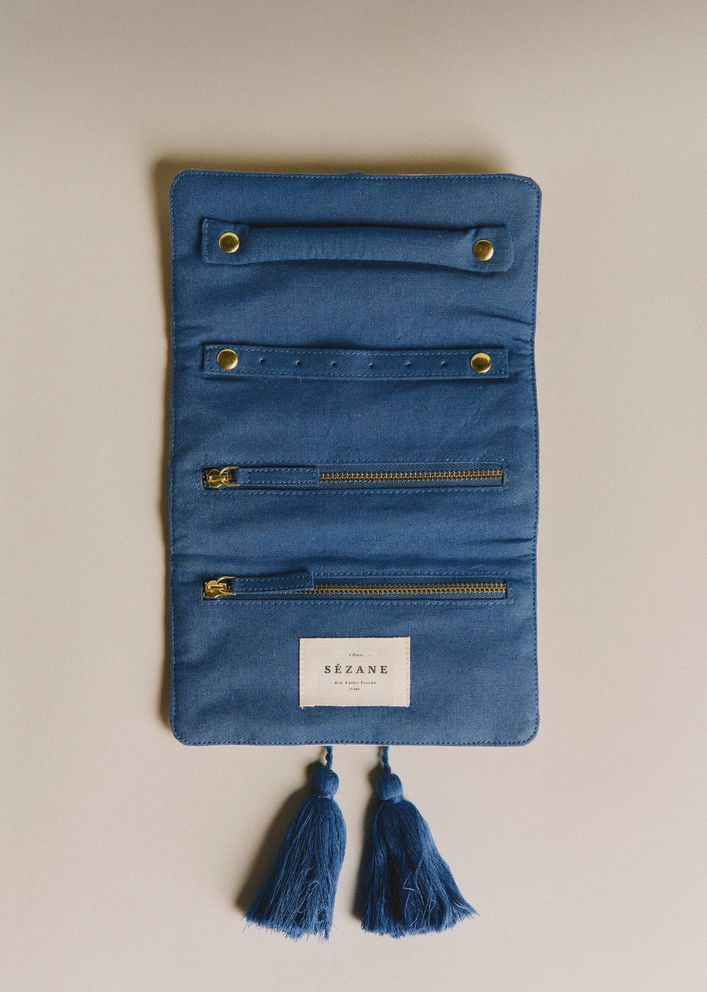 Pochette bijoux - Broderie Coeurs Bleu Vintage