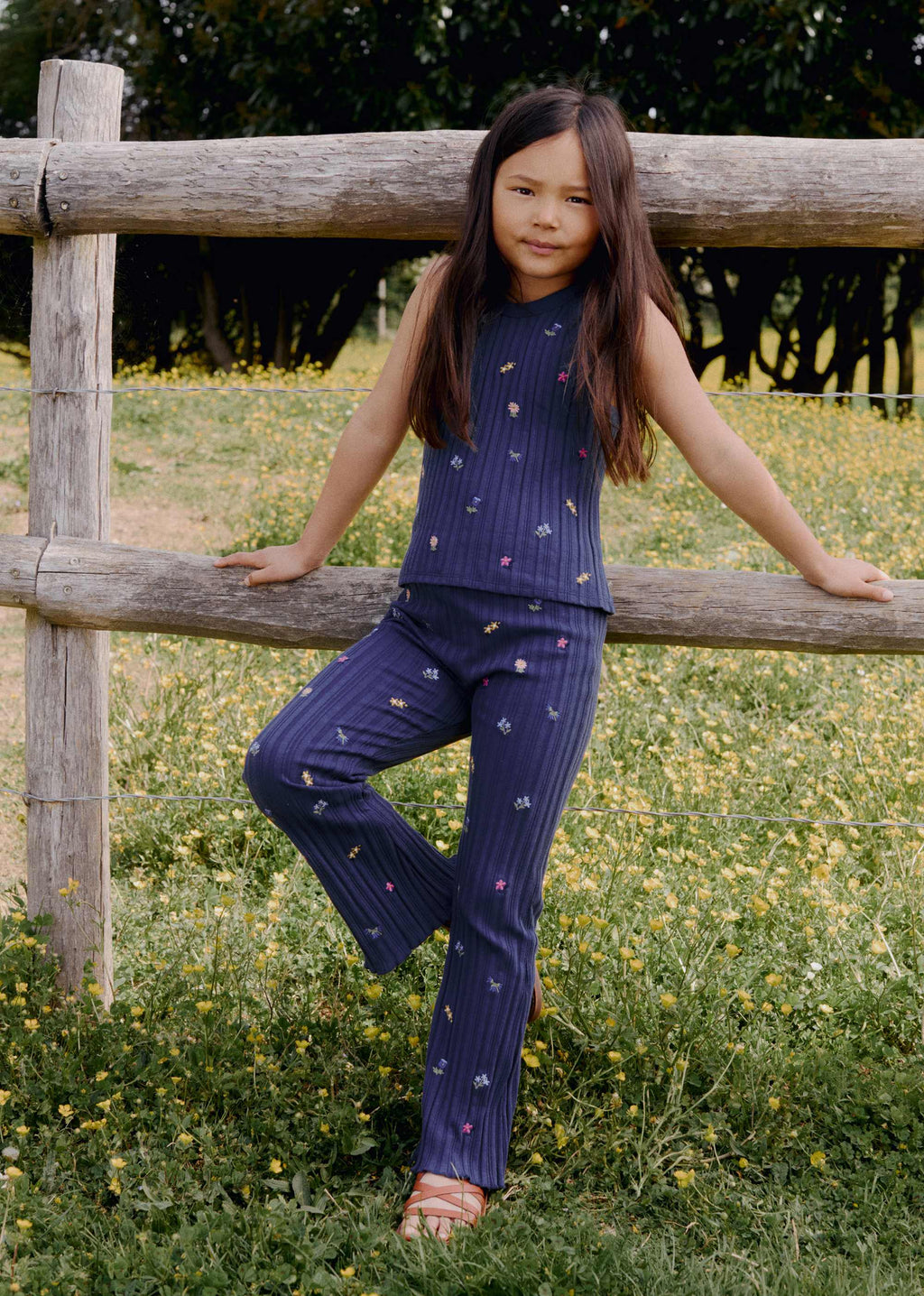 Pantalon Julia - Marine / Broderie Fleurs Herbier