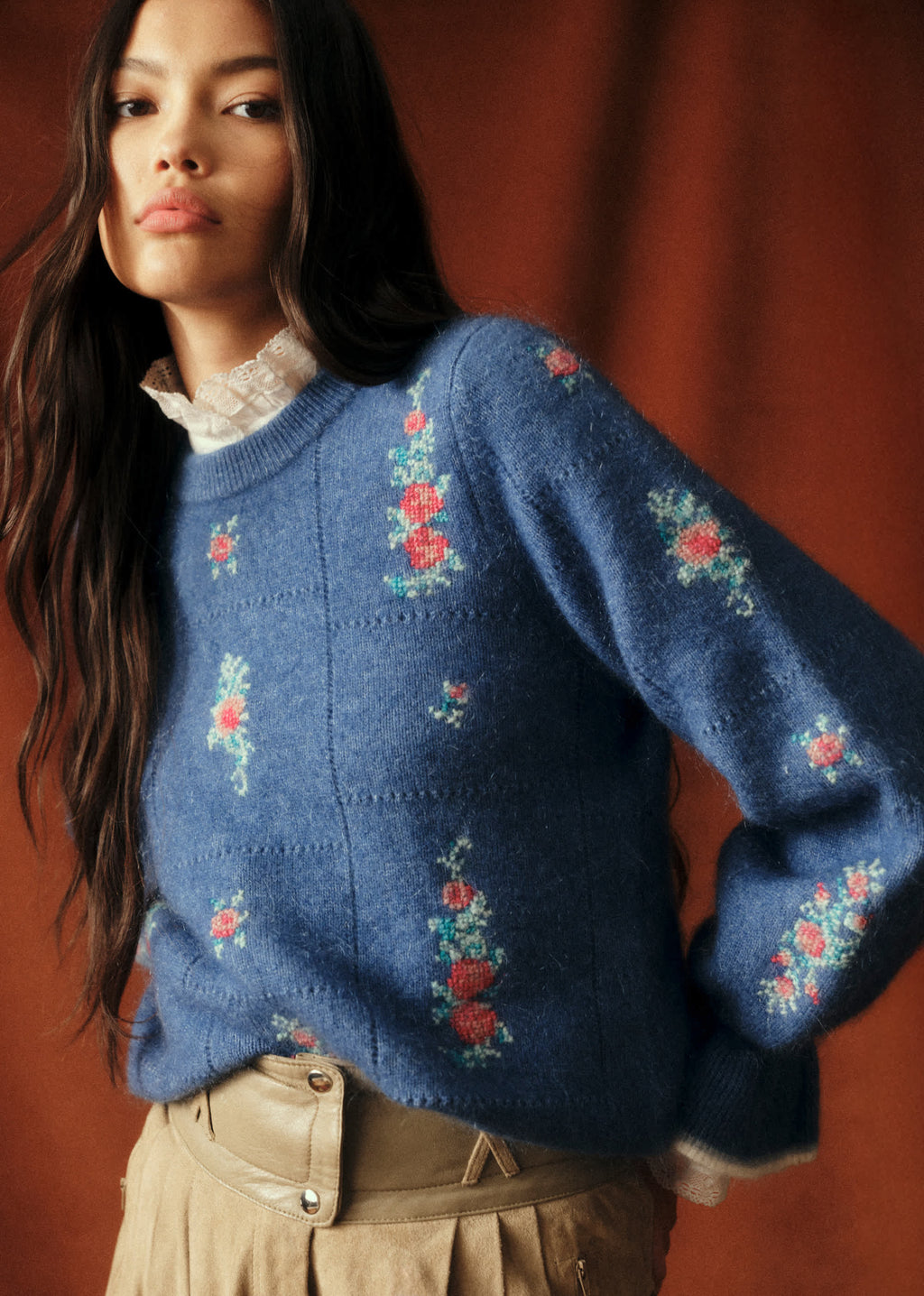 Pull Mathieu - Sézane x Baziszt - Jacquard Fond Bleu