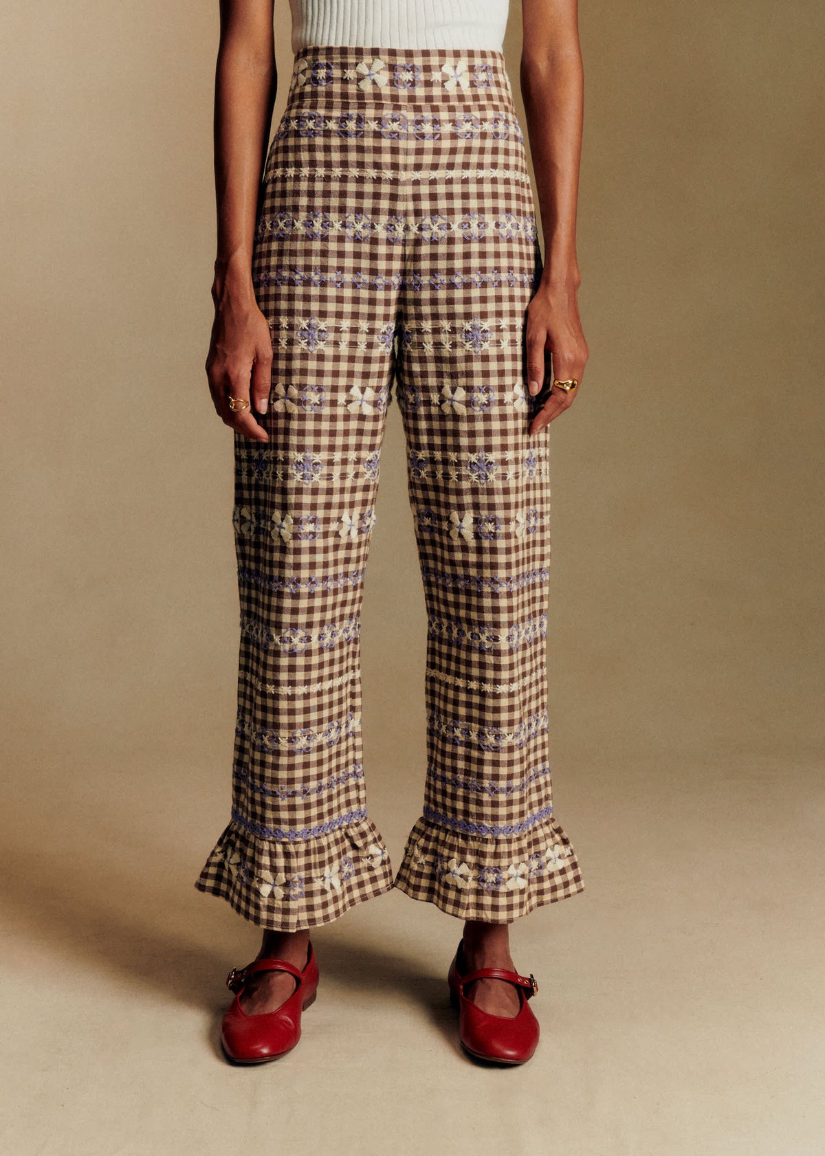 Pantalon Alexio - Vichy Marron Broderies Lila