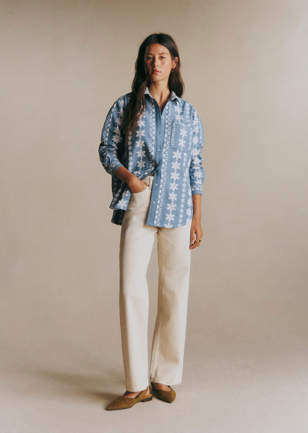 Chemise Max - Frise Fleurs Écru Fond Bleu