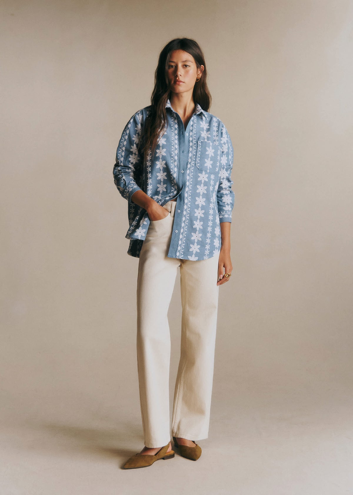Chemise Max - Frise Fleurs Écru Fond Bleu