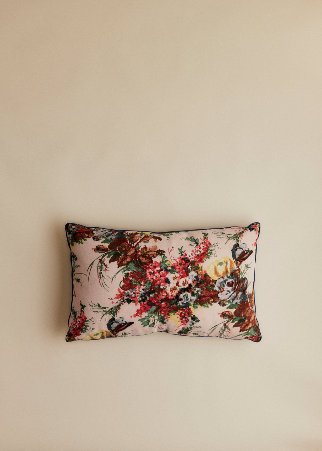 Coussin vintage velours bleu - Petit modèle - Imprimé Branches Multico